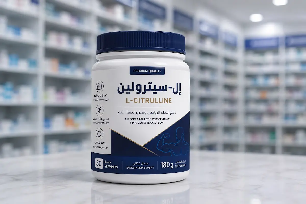 لقطة فوتوغرافية لعبوة مكمل غذائي إل-سيترولين وكبسولات دوائية لمناقشة دوره في تحسين الانتصاب والصحة الجنسية عند الرجال.