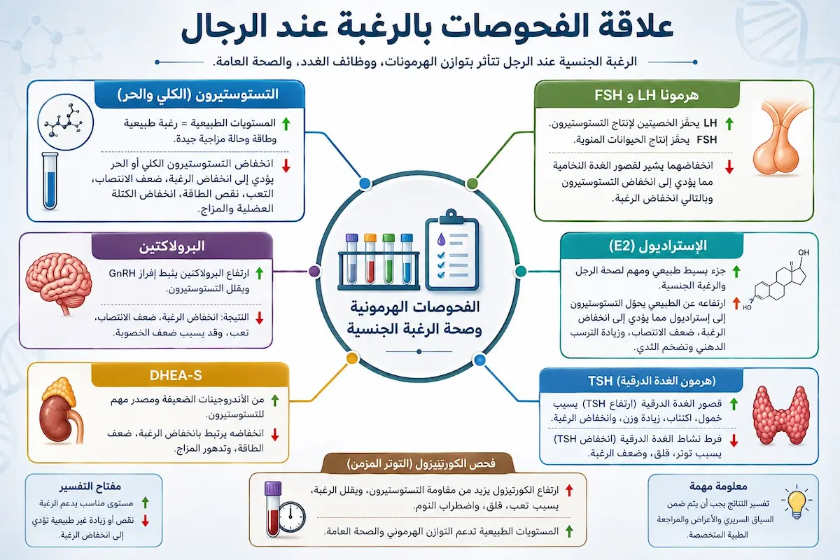 إنفوجرافيك طبي بصري يوضح شرح علاقة فحوصات الدم وتحاليل الهرمونات والسكر والغدة الدرقية بالرغبة والدافع الجنسي لدى الرجال.