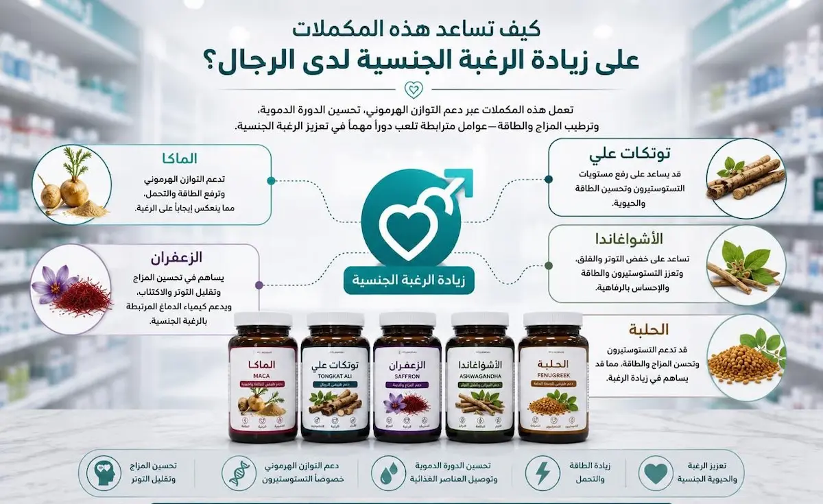 إنفوجرافيك طبي بصري يوضح شرح وتصنيف قوة الأدلة العلمية وتأثير المكملات الغذائية كالماكا والأشوغاندا والزنك على الرغبة الجنسية لدى الرجال.
