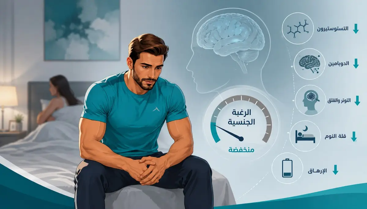 لقطة فوتوغرافية لشاب يجلس على السرير مستغرقاً في التفكير وبجواره شريكته لمناقشة الدليل العلمي الشامل لانخفاض الرغبة الجنسية عند الرجال.