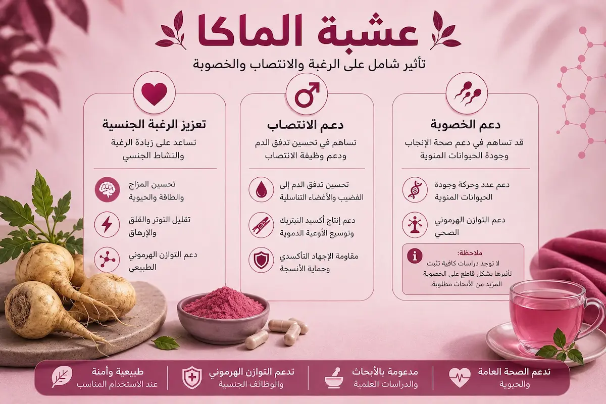 إنفوجرافيك طبي بصري يوضح شرح تأثير جذور الماكا على الرغبة الجنسية والأداء الانتصابي وجودة الخصوبة والحيوانات المنوية لدى الرجال.