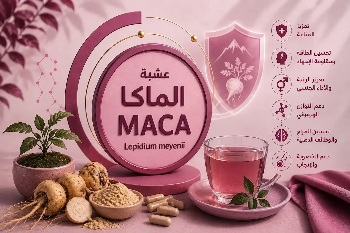 لقطة فوتوغرافية لجذور نبات الماكا مع كوب مشروب وكبسولات وبودرة مكملات لمناقشة دور الماكا في الرغبة والانتصاب والخصوبة عند الرجال.