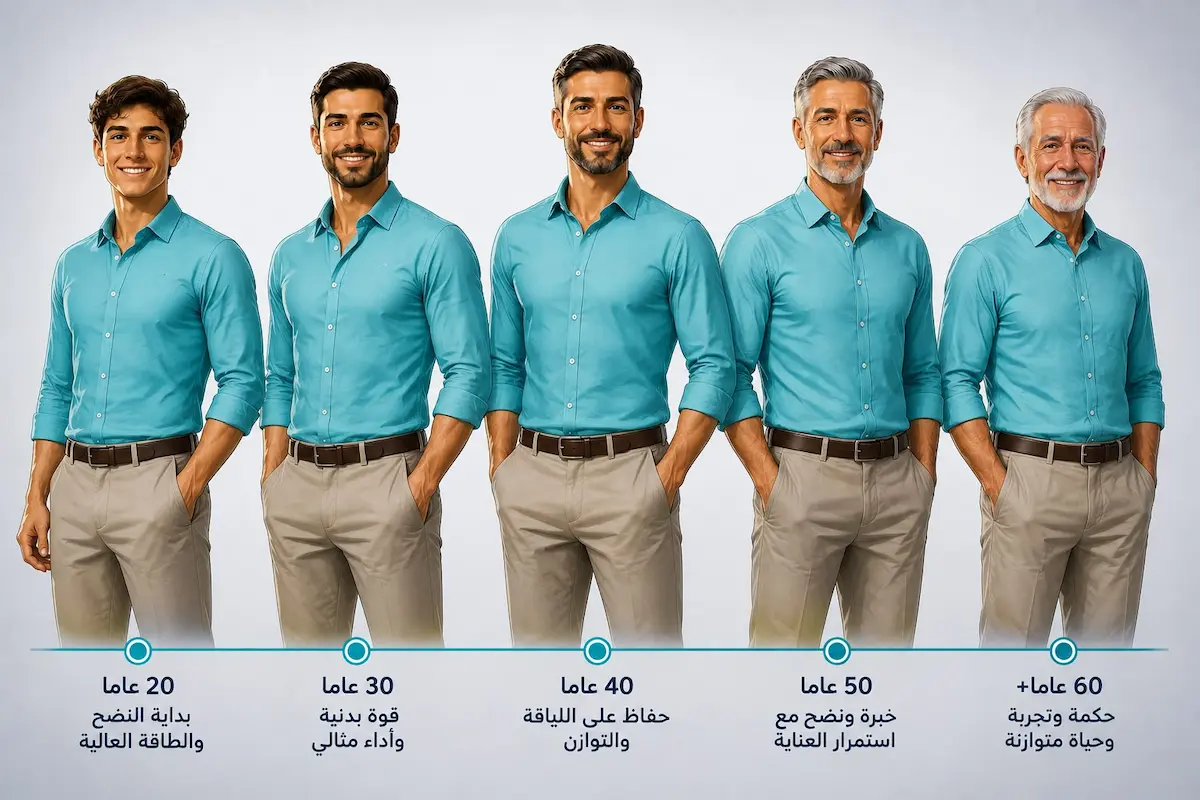 رسم توضيحي ولقطة لشاب يتأمل عبر مراحل عمرية مختلفة لمناقشة مقال العمر والصحة الجنسية عند الرجال وماذا يتغير مع التقدم في السن.