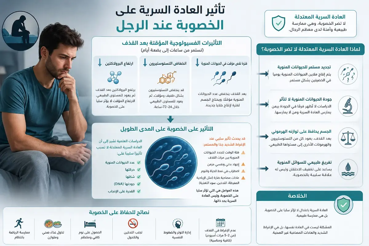إنفوجرافيك طبي بصري يوضح شرح وتأثير العادة السرية على عدد وحركة الحيوانات المنوية وقدرة الرجل على الإنجاب.