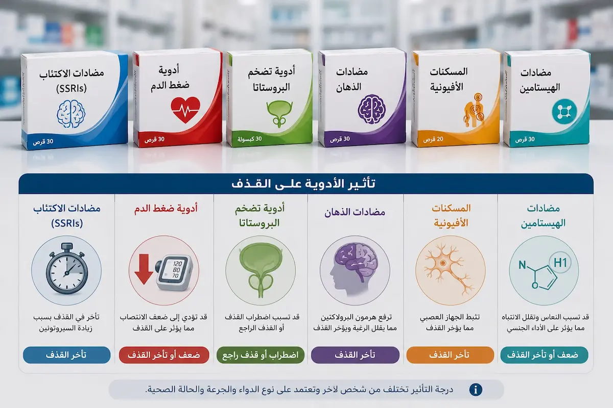 إنفوجرافيك طبي بصري يوضح خريطة تأثير الفئات الدوائية المختلفة على آلية ومراحل القذف لدى الرجال.