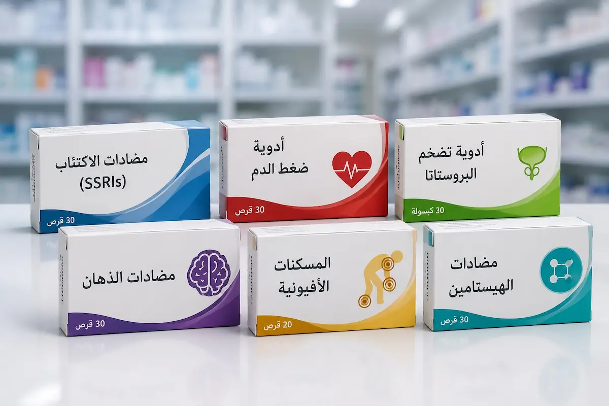 لقطة فوتوغرافية لعلب وأشرطة أدوية متنوعة لمناقشة الدليل العلمي الشامل حول الأدوية التي تؤثر على القذف عند الرجال.