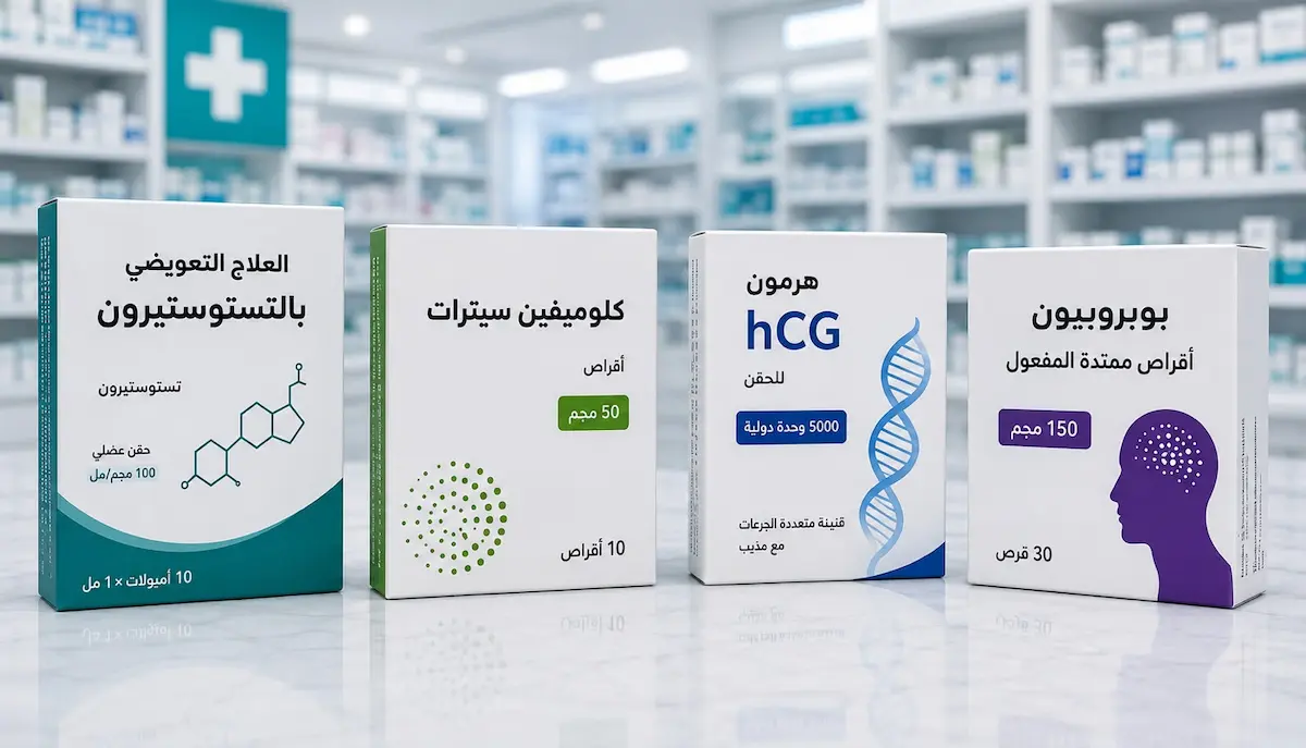 لقطة فوتوغرافية لعلبات وأشرطة أدوية متعددة لعلاج فتور الدافع الجنسي لمناقشة ما تقول الأدلة العلمية حول الأدوية المستخدمة لعلاج انخفاض الرغبة الجنسية عند الرجال.