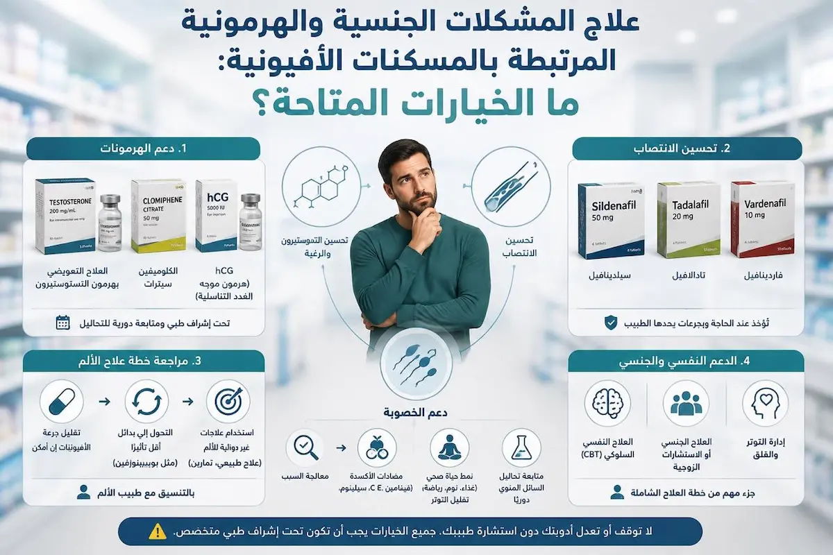 إنفوجرافيك طبي بصري يوضح شرح وتأثير الأدوية والعلاجات المتاحة لعلاج نقص التستوستيرون وضعف الانتصاب الناجم عن المسكنات الأفيونية.