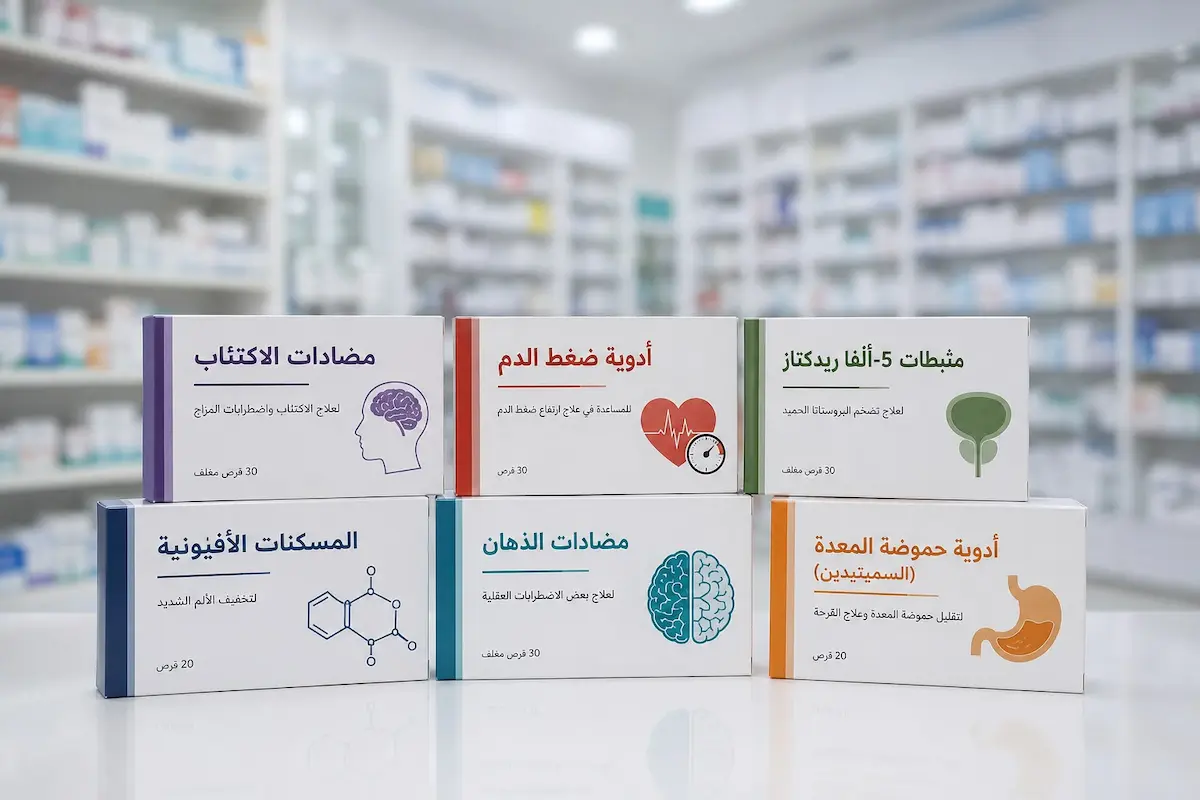 لقطة فوتوغرافية لعلبات وأشرطة أدوية متعددة لمناقشة الدليل العلمي الشامل للأدوية التي تؤثر على الرغبة الجنسية عند الرجال.