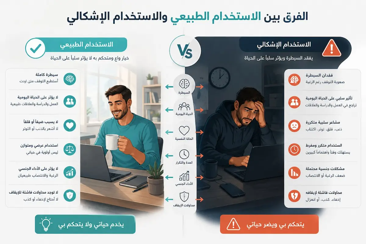 إنفوجرافيك طبي بصري يوضح الفرق والتمييز بين الاستخدام الطبيعي العابر والاستخدام الإشكالي القهري للإباحية لدى الرجال.