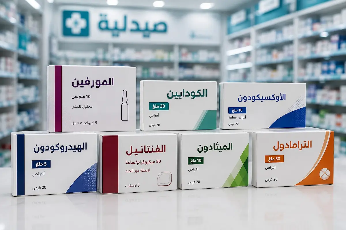 لقطة فوتوغرافية لعلب وأقراص المسكنات الأفيونية لمناقشة مقال تأثير المسكنات الأفيونية على الصحة الجنسية والهرمونات والأداء لدى الرجال.