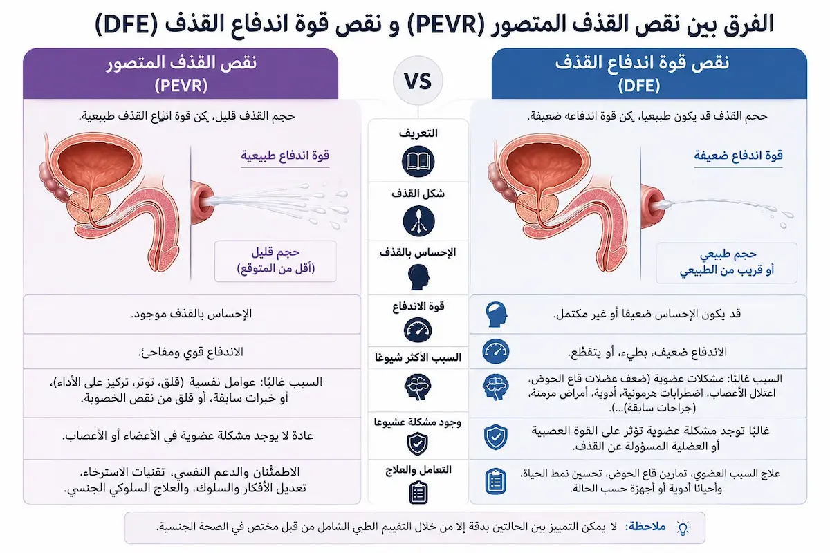 إنفوجرافيك طبي بصري يوضح جدول مقارنة الفروقات العلمية والسريرية بين انخفاض حجم القذف (PEVR) وضغف قوة ودفع القذف (DFE) لدى الرجال.