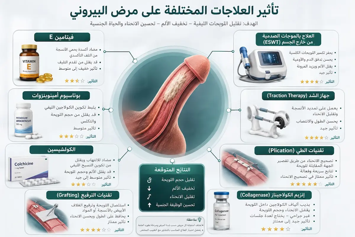 إنفوجرافيك طبي بصري يوضح شرح وتأثير العلاجات المتاحة لمرض بيروني كالحقن الموضعي والأجهزة الطبية والتدخل الجراحي.