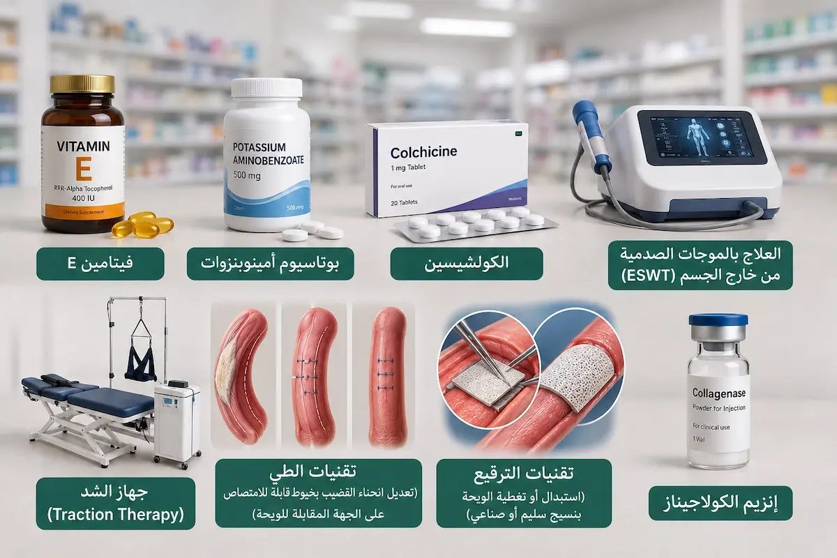 لقطة فوتوغرافية لأبرز الوسائل والأدوية والأجهزة العلاجية المخصصة لعلاج مرض بيروني لمناقشة دليل الخيارات المتاحة لترميم التليف وانحناء العضو الذكري.