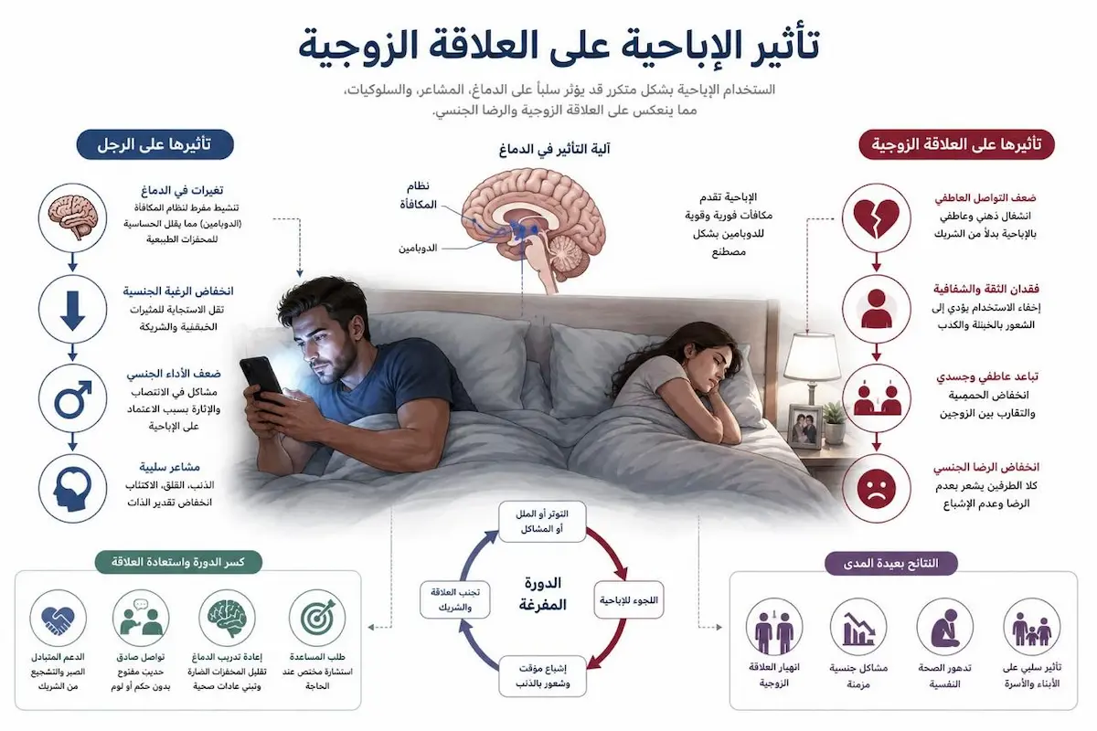 إنفوجرافيك طبي بصري يوضح شرح أثر وتأثير الإباحية والمحتوى الرقمي على الرضا والحميمية والعلاقة الزوجية لدى الرجال.