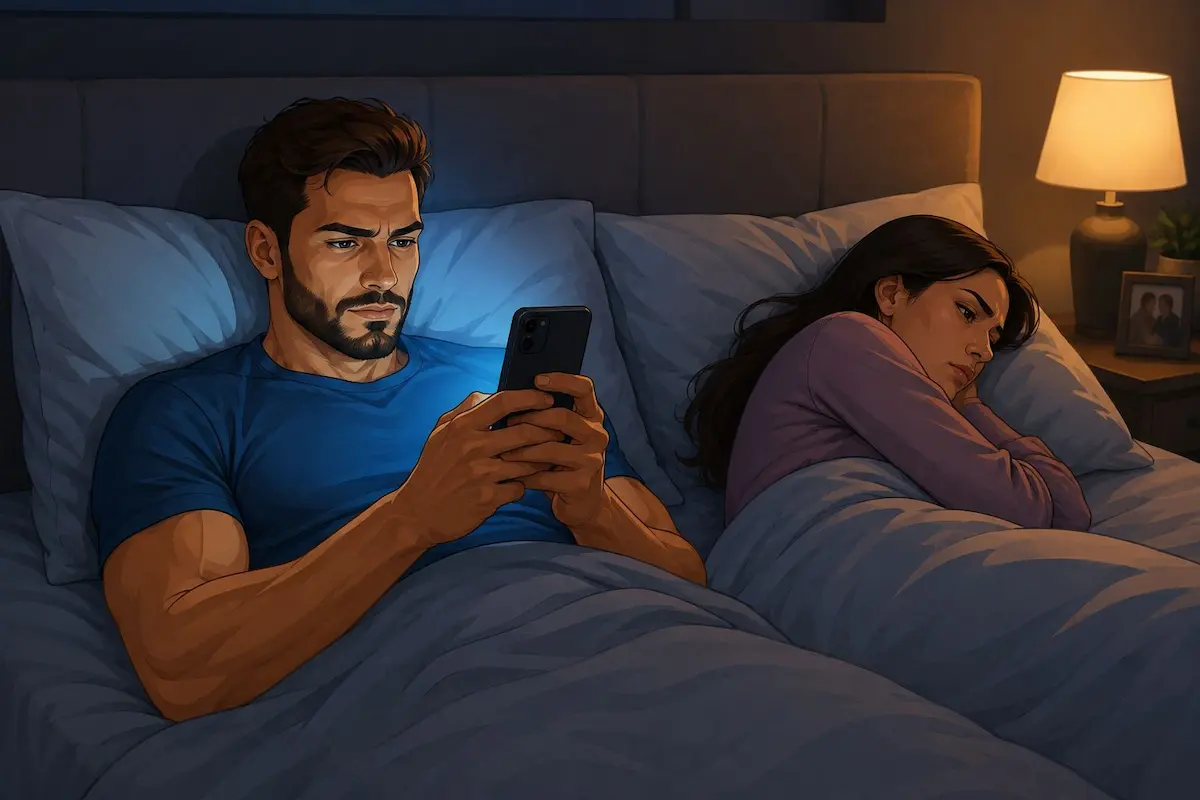 رسم توضيحي ولقطة لشاب مستلقٍ على السرير ممسكاً بهاتفه وبجانبه شريكته لمناقشة مقال تأثير الإباحية على العلاقة الزوجية والرضا والحميمية الجنسية.