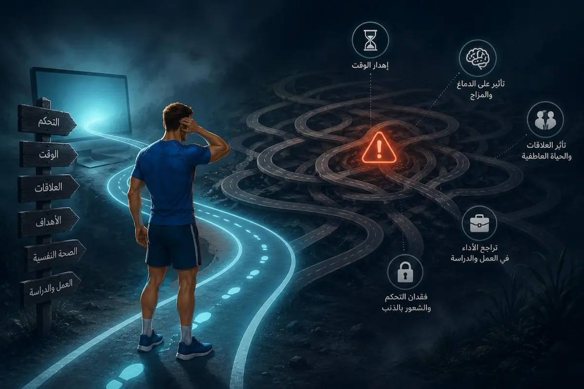 رسم توضيحي ولقطة لشاب يقف عند مفترق طرق ومحاط بأيقونات التحذير والتوازن لمناقشة مقال الإباحية عند الرجال ومتى تصبح المشاهدة مشكلة.