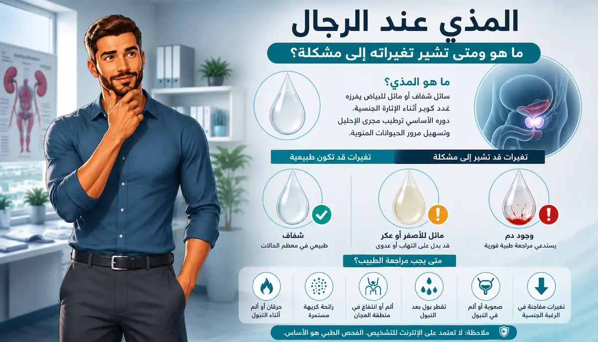 إنفوجرافيك طبي بصري يوضح شرح السائل المذي ووظائفه الطبيعية وعلامات التغير المرضية كالألم والرائحة واللون.