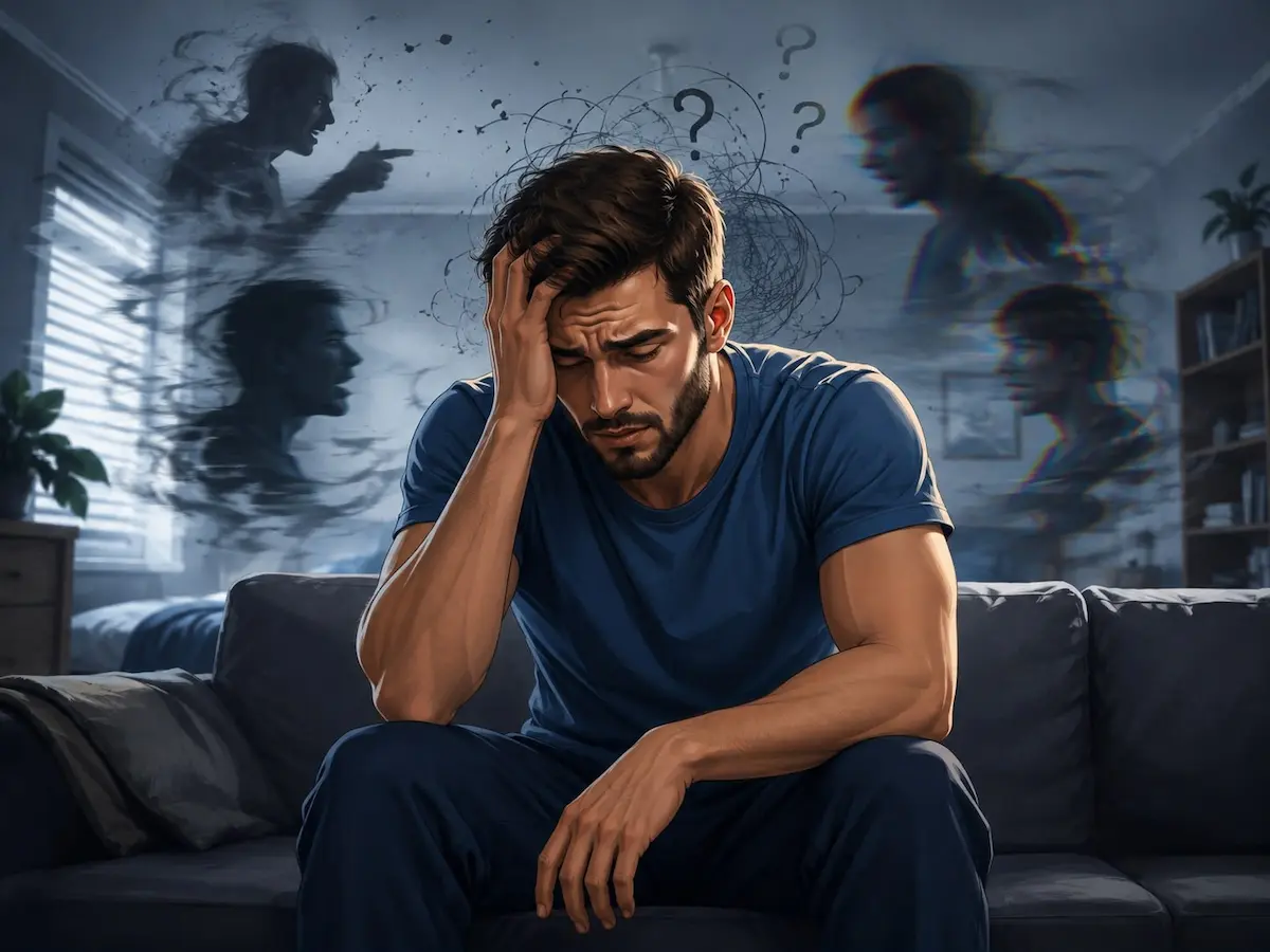 صورة لشاب يعاني من الذهان والتشتت النفسي لمناقشة تأثير الذهان والأدوية المضادة للذهان على الرغبة والانتصاب والقذف عند الرجال.