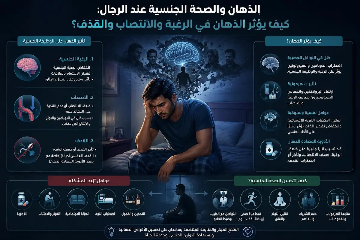 شرح تأثير الذهان على الصحة الجنسية - أطلس الرجل الصحي. إنفوجرافيك طبي بصري يوضح الشرح والتأثير الفسيولوجي والهرموني للذهان وأدويته على الرغبة والانتصاب والقذف لدى الرجال.