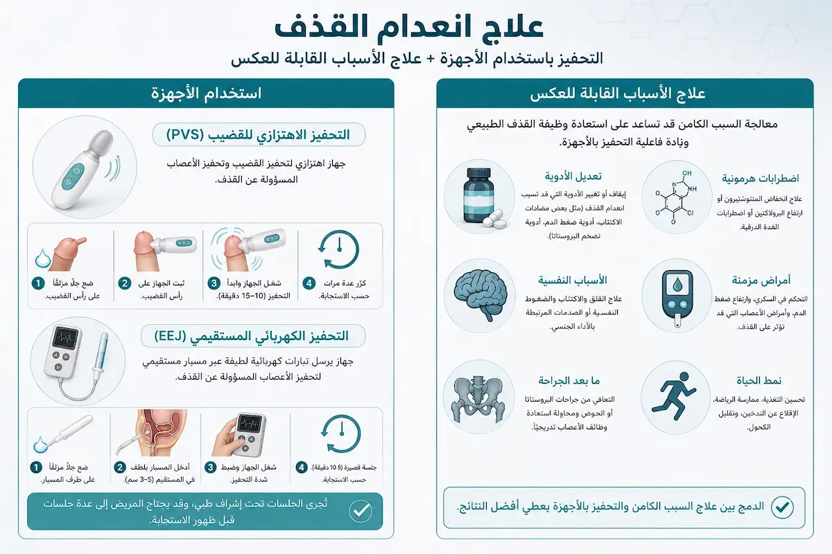 شرح طرق علاج انعدام القذف وأجهزته - أطلس الرجل الصحي. إنفوجرافيك طبي بصري يوضح شرح أجهزة التحفيز الاهتزازي PVS والتحفيز الكهربائي EEJ وكيفية علاج الأسباب القابلة للعكس لانعدام القذف.