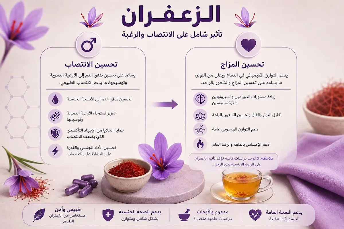 إنفوجرافيك طبي بصري يوضح شرح وتأثير الزعفران على تحسين الدورة الدموية وجودة الانتصاب وزيادة الرغبة الجنسية لدى الرجال.