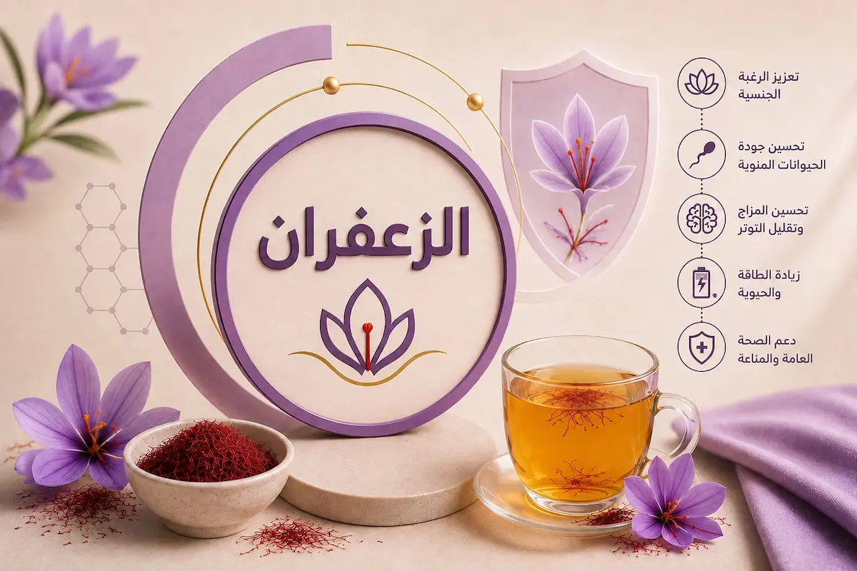 رسم توضيحي ولقطة لخيوط وجذور الزعفران ومشروب وشعار لمناقشة مقال تأثير الزعفران على الصحة الجنسية وتحسين الانتصاب والرغبة لدى الرجال.