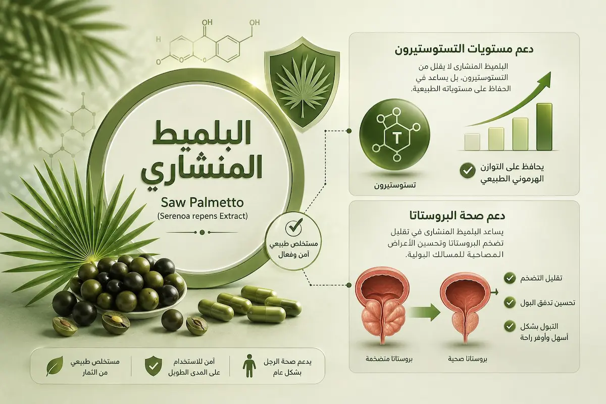 إنفوجرافيك طبي بصري يوضح شرح وتأثير البلميط المنشاري على صحة البروستاتا ومستويات هرمون التستوستيرون لدى الرجال.