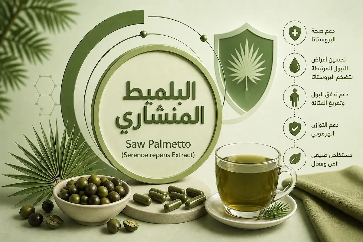 رسم توضيحي ولقطة لمستخلص البلميط المنشاري Saw Palmetto مع مشروب وجذور وشعار لمناقشة مقال تأثيره على التستوستيرون والبروستاتا والصحة الجنسية عند الرجال.
