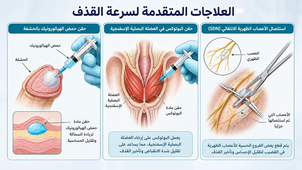 إنفوجرافيك طبي بصري يوضح شرح التقنيات الحديثة لعلاج سرعة القذف المستعصية: حقن حمض الهيالورونيك، قطع العصب الظهراني الانتقائي (SDN)، وحقن البوتوكس.