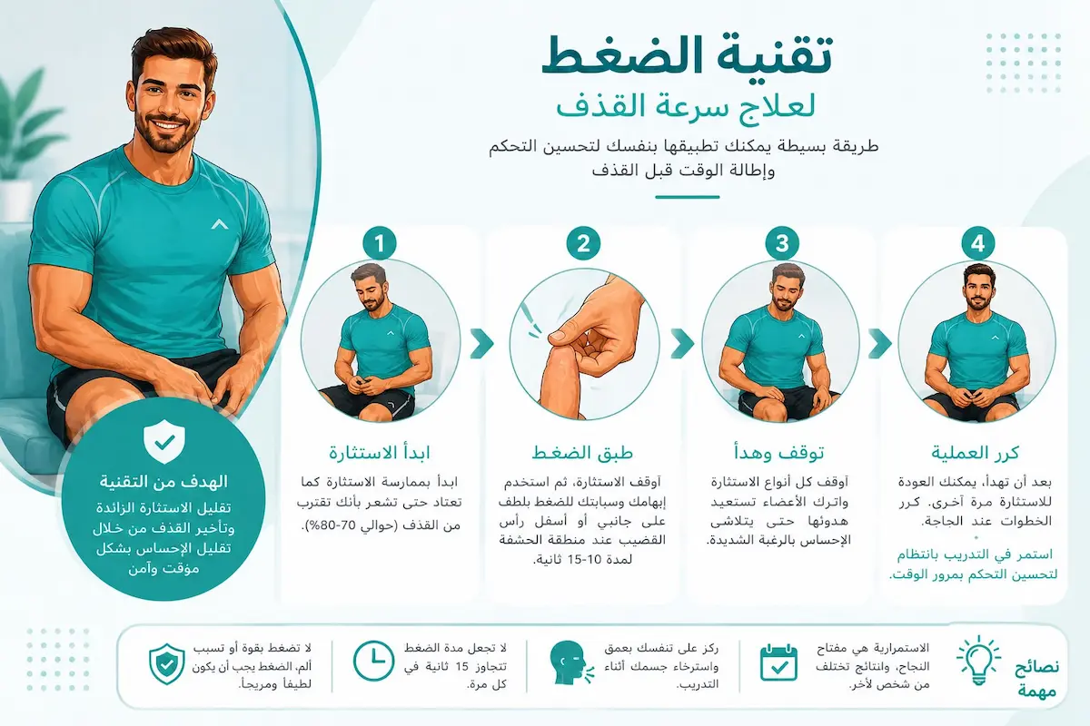 إنفوجرافيك طبي بصري يوضح الموضع الصحيح والخطوات العملية لتطبيق تقنية الضغط الميكانيكي لعلاج سرعة القذف لدى الرجال.