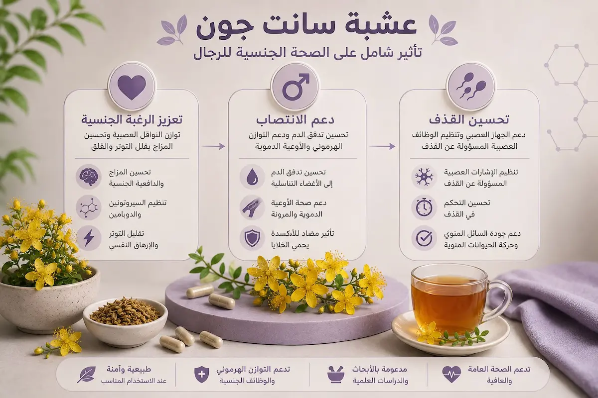 إنفوجرافيك طبي بصري يوضح شرح تأثير عشبة سانت جون على الرغبة والانتصاب والقذف لدى الرجال.