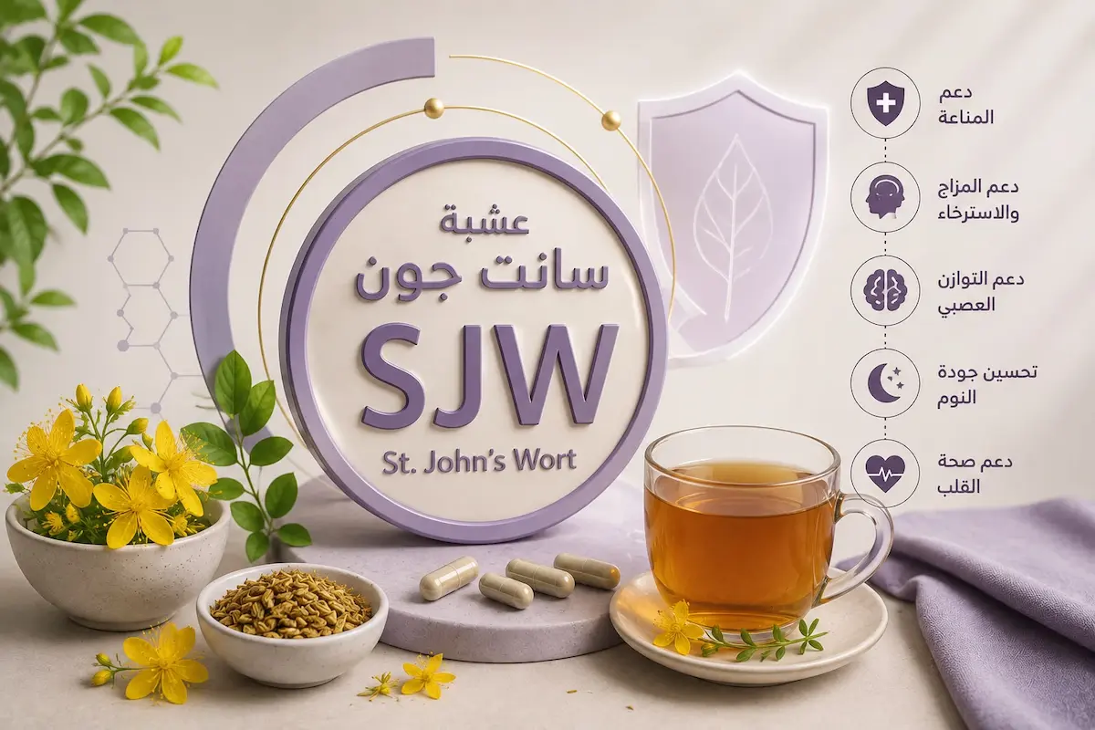 لقطة فوتوغرافية لنبات عشبة سانت جون مع كوب شاي وكبسولات مكملات غذائية لمناقشة تأثيرها على الصحة الجنسية عند الرجال.