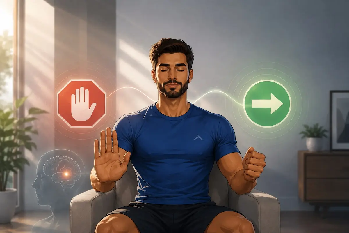 لقطة فوتوغرافية لشاب يمارس التركيز الذهني وضبط الاستجابة لمناقشة الدليل العلمي الشامل لتقنية التوقف والبدء لعلاج سرعة القذف.