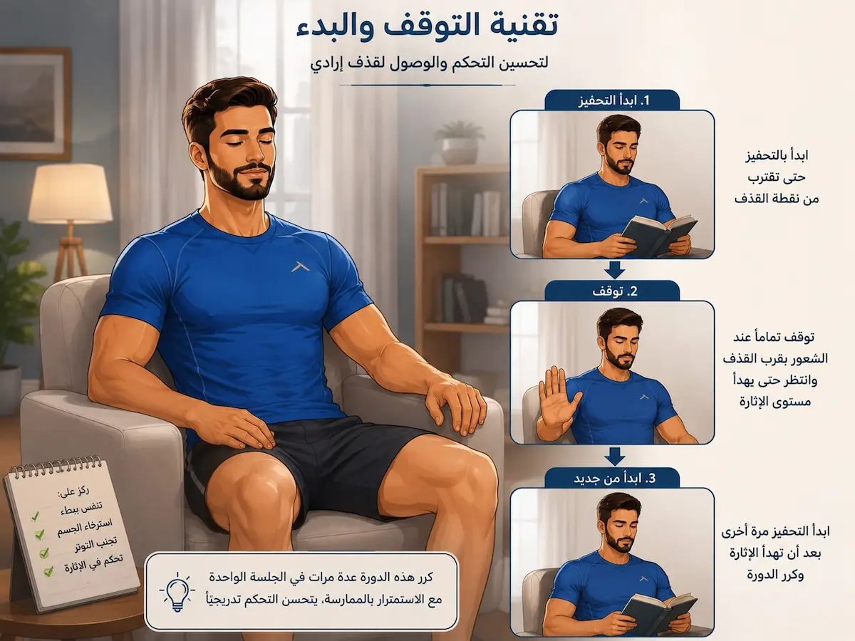 إنفوجرافيك طبي بصري يوضح الخطوات لتنفيذ تقنية التوقف والبدء السلوكية لعلاج سرعة القذف بالتفصيل.