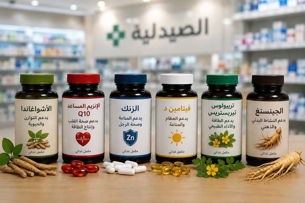 لقطة فوتوغرافية لعلب وعبوات مكملات غذائية متعددة لمناقشة مدى فائدة المكملات والصحة الجنسية مع التقدم في العمر وهل يمكن أن تساعد فعلاً.