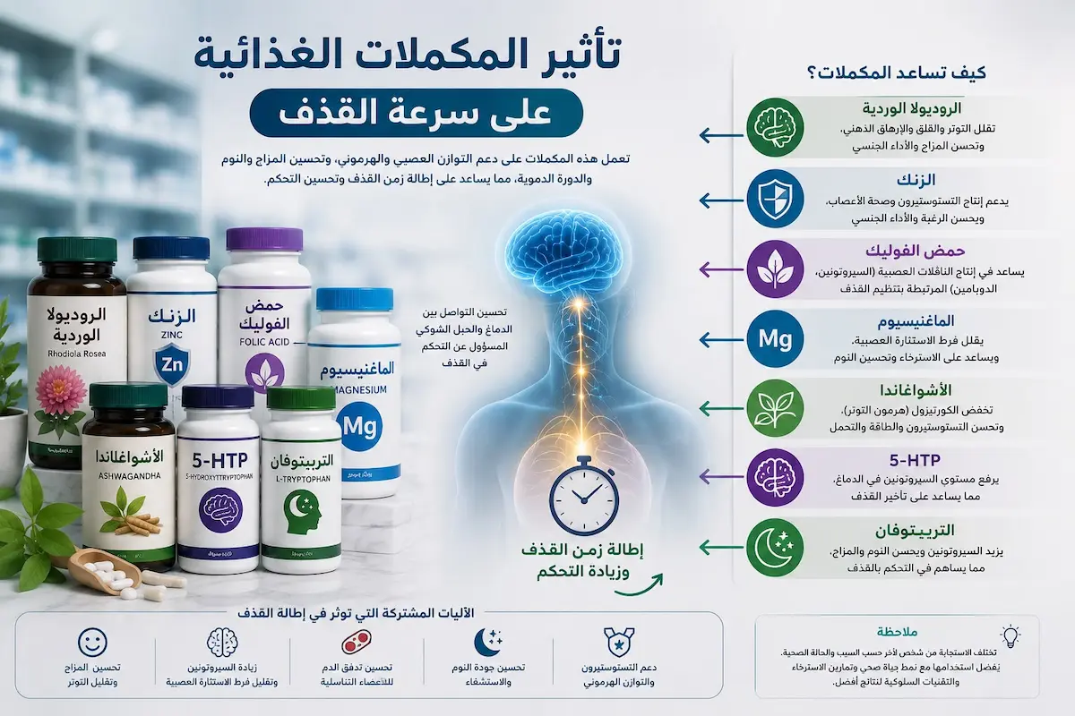 إنفوجرافيك طبي بصري يوضح آلية تأثير الزنك، المغنيسيوم، والأشوغندا على الجهاز العصبي والهرموني لتحسين التحكم بالقذف.