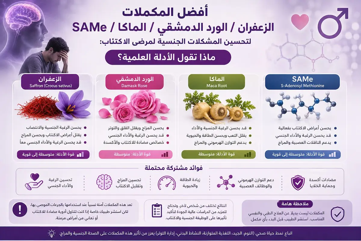 إنفوجرافيك طبي بصري يوضح شرح وتأثير المكملات الغذائية في تخفيف الآثار الجانبية الجنسية لأدوية الاكتئاب وتحسين الرغبة والانتصاب.
