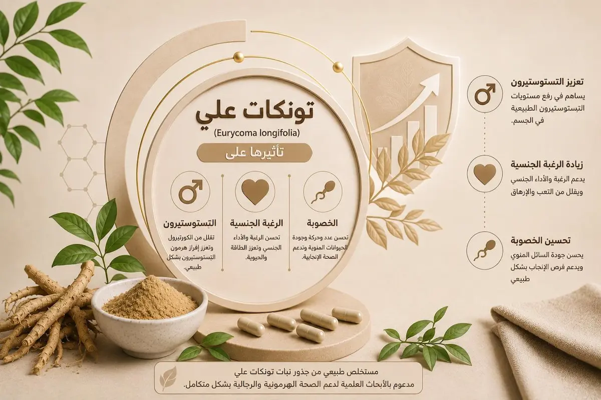 إنفوجرافيك طبي بصري يوضح شرح وتأثير نبتة تونكات علي على زيادة التستوستيرون الحر وتحسين الرغبة والخصوبة وجودة المنويات لدى الرجال.