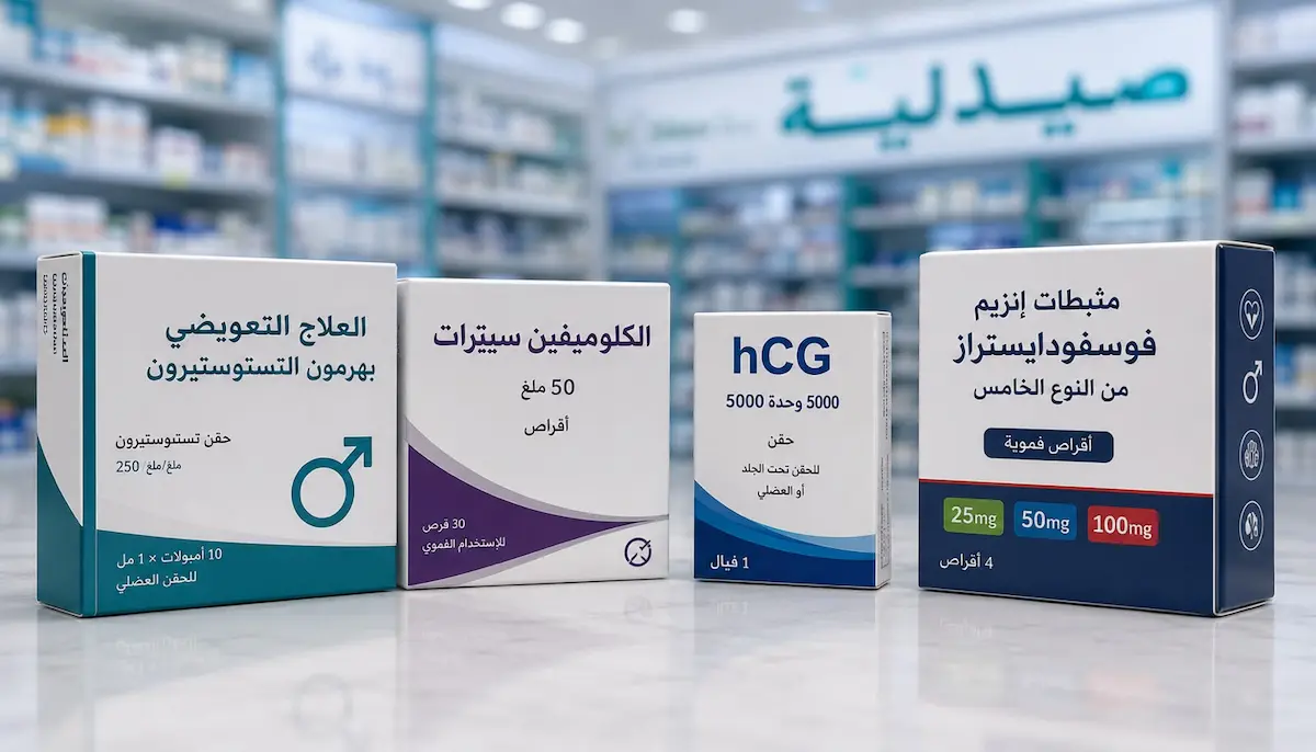 لقطة فوتوغرافية لأبرز الوسائل والأدوية والعلاجات المخصصة لعلاج المشكلات الجنسية والهرمونية المرتبطة بالمسكنات الأفيونية لدى الرجال.