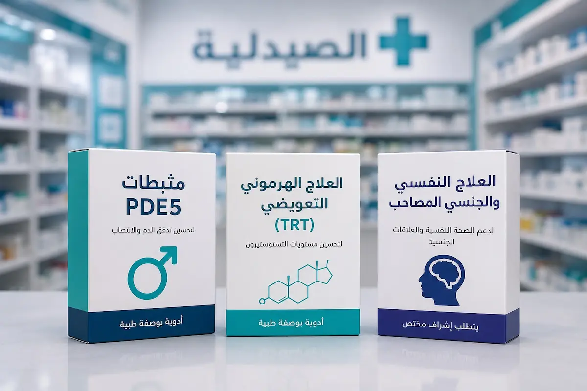 لقطة فوتوغرافية لعلب أدوية مثبطات PDE5 والعلاج الهرموني TRT مع رموز العلاج النفسي لمناقشة دليل الخيارات المتاحة لعلاج المشكلات الجنسية عند الرجال مع التقدم في العمر.