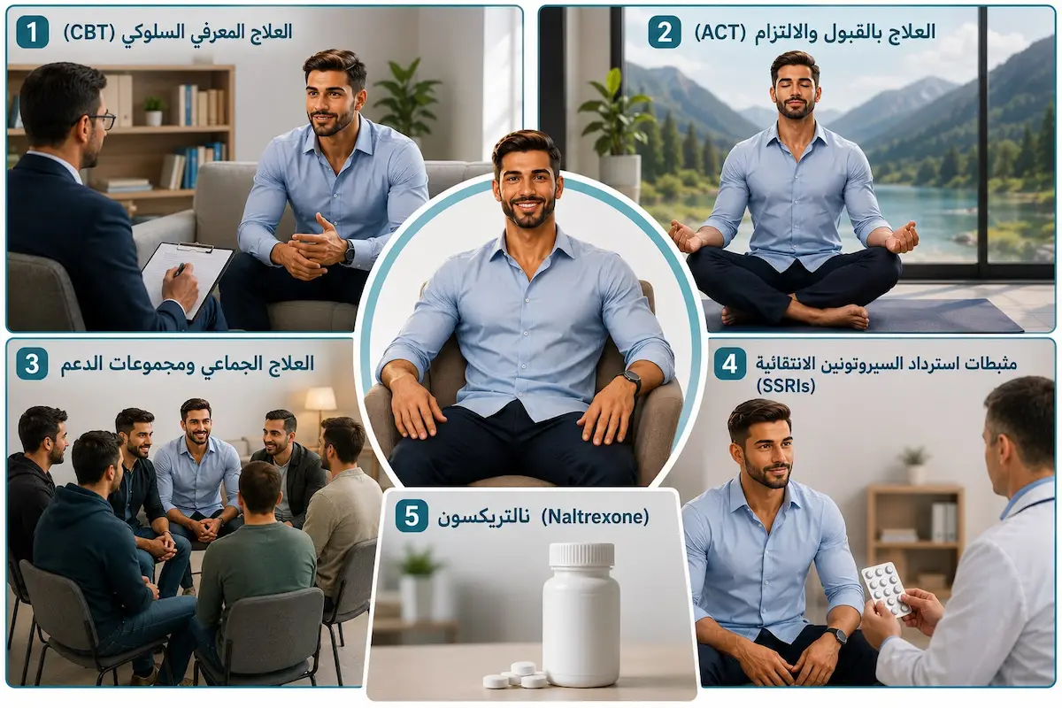 رسم توضيحي ولقطة لشاب يطبق الخيارات العلاجية المتاحة من علاج معرفي سلوكي وعلاج بالالتزام والقبول وأدوية لمناقشة علاج اضطراب السلوك الجنسي القهري عند الرجال.