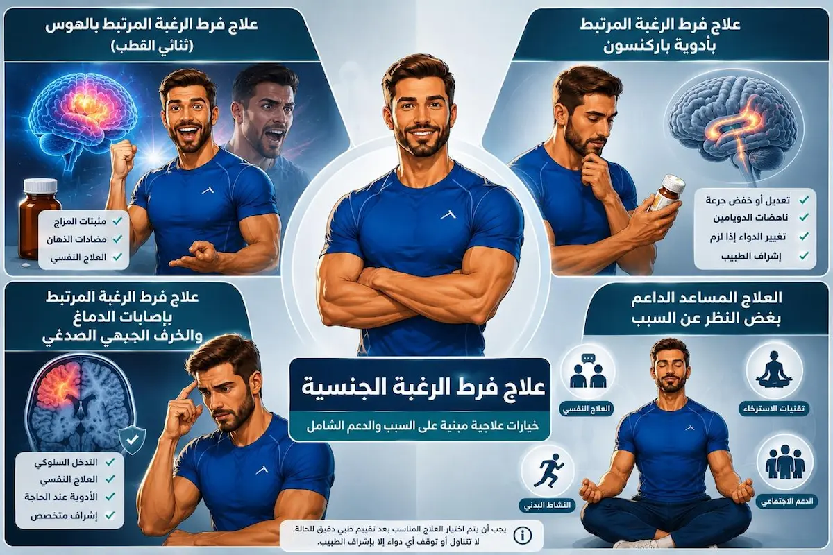 رسم توضيحي ولقطة لشاب يبدو سعيداً ومستقراً محاطاً بأيقونات العلاج النفسي والدوائي لمناقشة دليل الخيارات المتاحة لعلاج فرط الرغبة الجنسية عند الرجال.