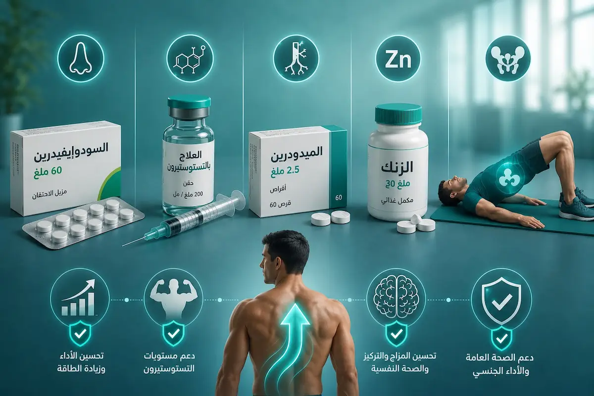 لقطة فوتوغرافية تجمع خيارات علاج ضعف القذف كأدوية السودوإيفيدرين والميدودرين والعلاج بالتستوستيرون والزنك وتمارين قاع الحوض لمناقشة الدليل العلمي لتحسين قوة القذف.