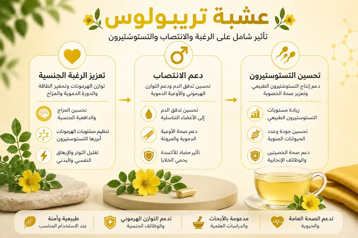 إنفوجرافيك طبي بصري يوضح شرح تأثير عشبة التريبولوس على الرغبة والانتصاب ومستويات التستوستيرون لدى الرجال وفق الدراسات العلمية.
