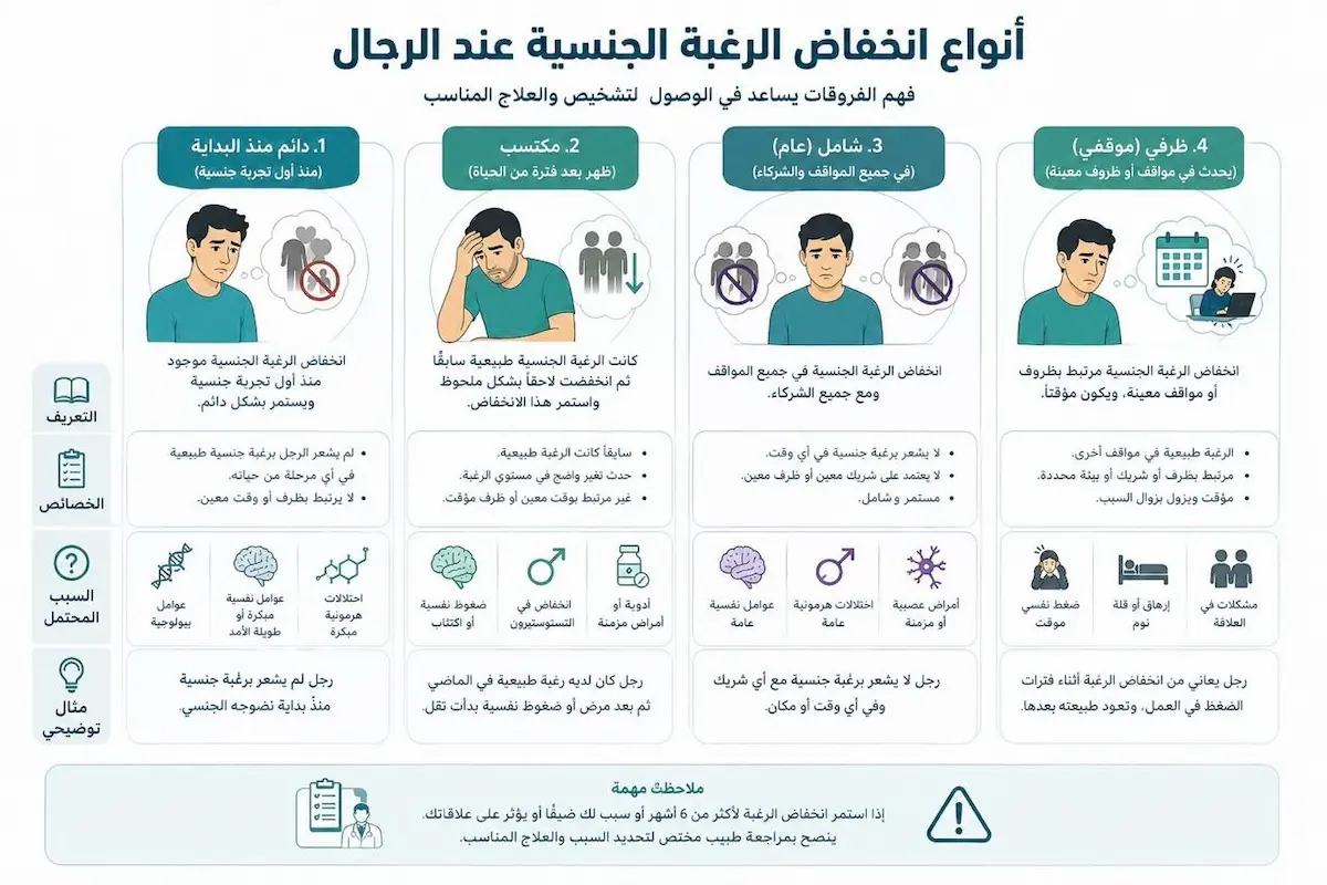 إنفوجرافيك طبي بصري يوضح جدول المقارنة والشرح للفروقات بين أنواع انخفاض الرغبة الجنسية الأولي والثانوي والشامل والموقفي لدى الرجال.