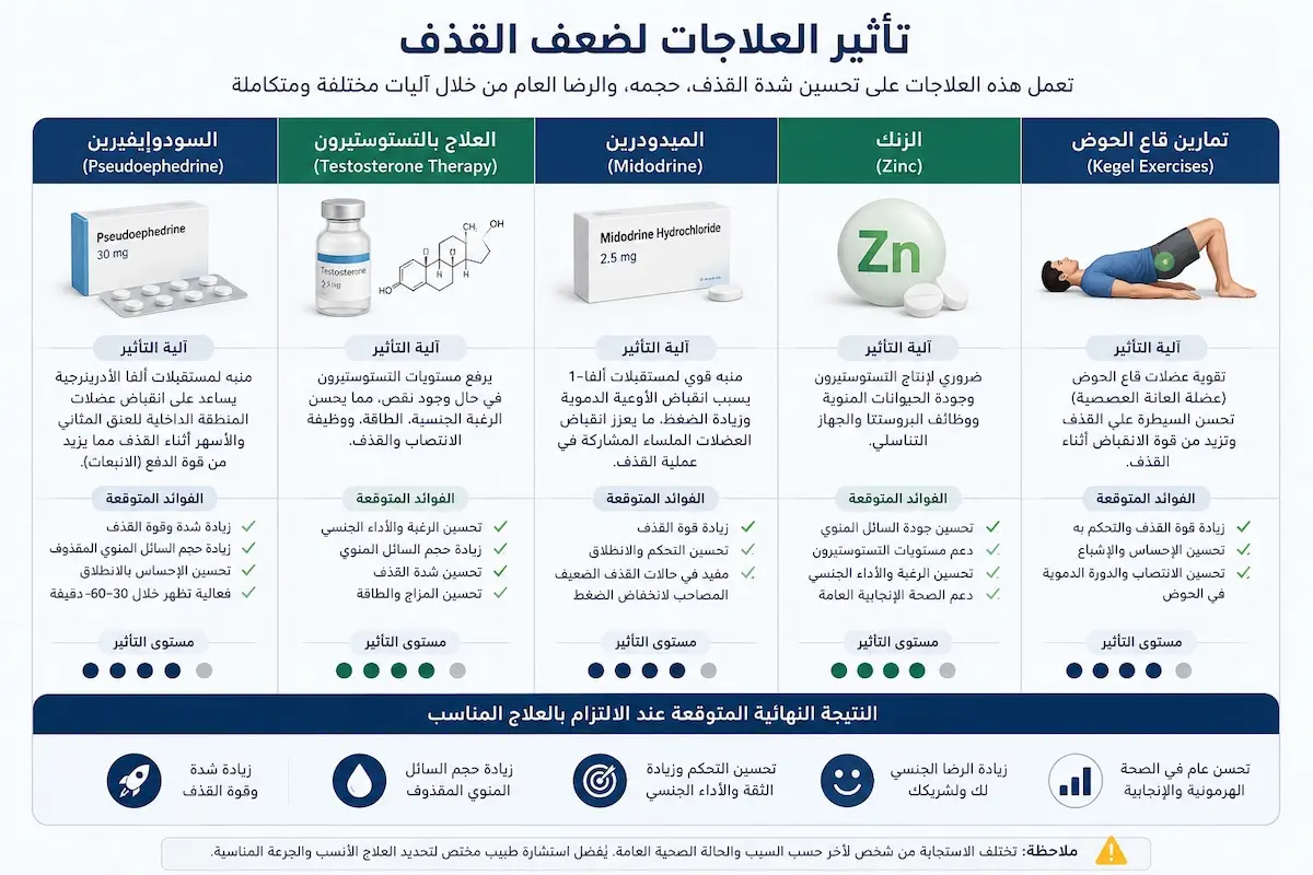 إنفوجرافيك طبي بصري يوضح شرح أدوية السودوإيفيدرين والميدودرين والعلاج الهرموني والتستوستيرون والزنك وتمارين الحوض لعلاج ضعف القذف.