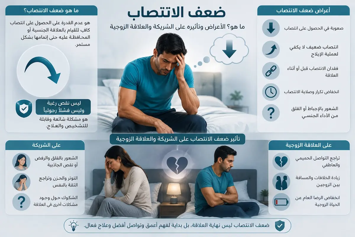 إنفوجرافيك طبي بصري يوضح تعريف ضعف الانتصاب وأعراضه السريرية وتأثيره على العلاقة الزوجية والتواصل بين الشريكين.