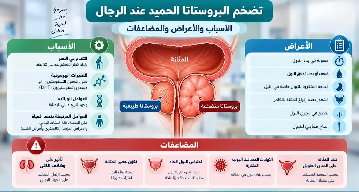 ملخص أسباب وأعراض ومضاعفات تضخم البروستاتا الحميد - أطلس الرجل الصحي. إنفوجرافيك طبي بصري يوضح ملخص تضخم البروستاتا الحميد، مقسمًا بين الأسباب، والأعراض البولية الشائعة، والمضاعفات المحتملة.