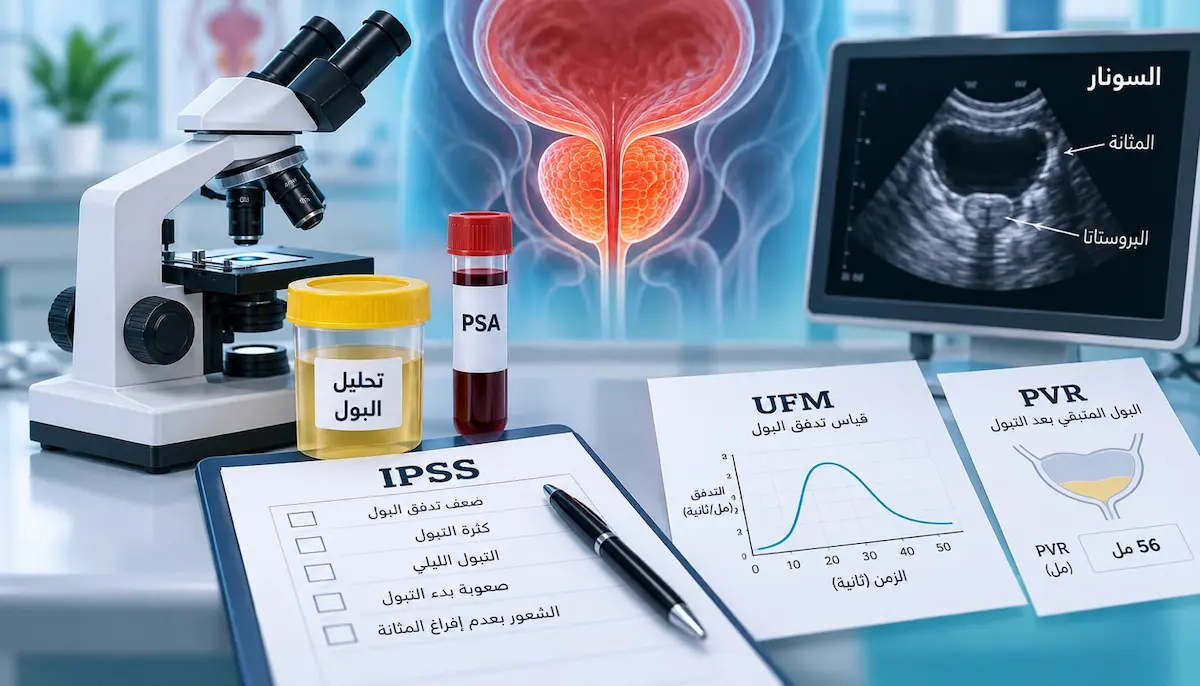 رسم توضيحي لمجهر طبي محاط برموز فحوصات تضخم البروستاتا (IPSS، PSA، تحليل البول، UFM، PVR، والسونار) لمناقشة مقال تشخيص تضخم البروستاتا الحميد.